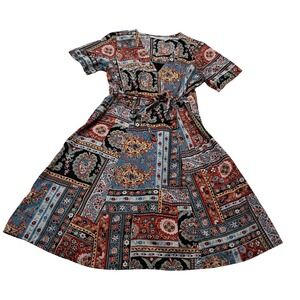 Vermont Country Store‎ Dress Women's Large Red Blue Short Sleeve Patchwork Boho